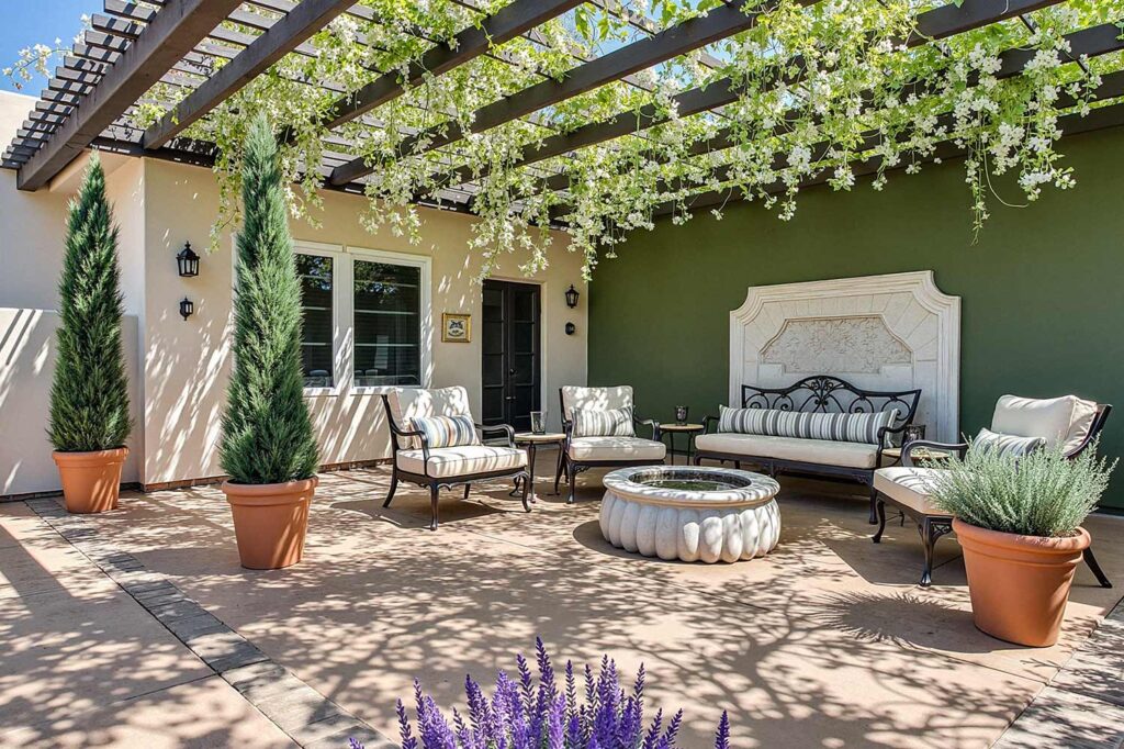 Elegant Mediterranean-Style Phoenix Patio with Sage Green and White Design, Phoenix, Arizona, Desert lifestyle, Desert environment, Functional Terms:, Entertainment space, Gathering spot, Outdoor retreat, Living space, Patio color ideas, Phoenix outdoor living, Desert patio design, Outdoor paint colors, Patio transformation, Secondary Keywords: , Color combinations, Desert Modern, Mediterranean Oasis, Desert Sunset, Paint Techniques:, Color blocking, Ceiling painting, Painted rug designs, Mural designs, Zoning with color, Specific Areas:, Dining zone, Living zone, Accent zone, Conversation area