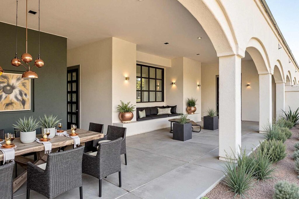 Elegant Outdoor Dining Space with Pewter Green Accent Wall, Phoenix, Arizona, Desert lifestyle, Desert environment, Functional Terms:, Entertainment space, Gathering spot, Outdoor retreat, Living space, Patio color ideas, Phoenix outdoor living, Desert patio design, Outdoor paint colors, Patio transformation, Secondary Keywords: , Color combinations, Desert Modern, Mediterranean Oasis, Desert Sunset, Paint Techniques:, Color blocking, Ceiling painting, Painted rug designs, Mural designs, Zoning with color, Specific Areas:, Dining zone, Living zone, Accent zone, Conversation area