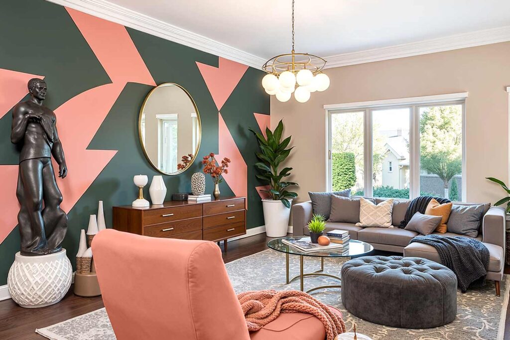 Entertaining Space with Dark Green and Dusty Coral Geometric Accent Wall and Beige Walls White Trim, Unique Interior Paint Colors, Dynamic entertaining space with Jasper and Coral Rose geometric accent wall, neutral beige walls, and dark walnut floors, featuring bold decor and evening light in a Scottsdale neighborhood, Unique Interior Paint Shades, Distinctive Wall Colors, Nontraditional Paint Hues, Uncommon Interior Color Palettes, Eccentric Paint Tones, Quirky Wall Colors, Rare Interior Paint Options, Offbeat Color Choices, Exceptional Paint Colors, Striking Interior Hues, Alternative Wall Colors, Innovative Paint Shades, Unconventional Color Schemes, Eye-catching Interior Colors, Bold Paint Selections, Interior Color Shades, Wall Paint Hues, Room Paint Colors, Indoor Paint Tones, Home Paint Colors, Decorative Paint Colors, Residential Paint Shades, Interior Coating Colors, Living Space Paint Colors, House Paint Hues, Interior Color Palette, Wall Color Options, Indoor Color Selections, Interior Finishing Colors, Room Color Schemes,