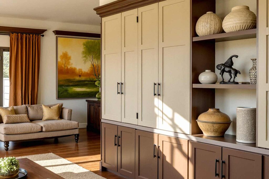 Family Room with Cream Walls and Brown and Beige Cabinets, painting cabinets ideas, ideas for painting cabinets, house painting ideas, Interior Color Schemes, Cabinet Painting Tips and Tricks, Refinishing Old Cabinets with Paint, Modern Cabinet Painting Ideas, Cabinet Paint Colors