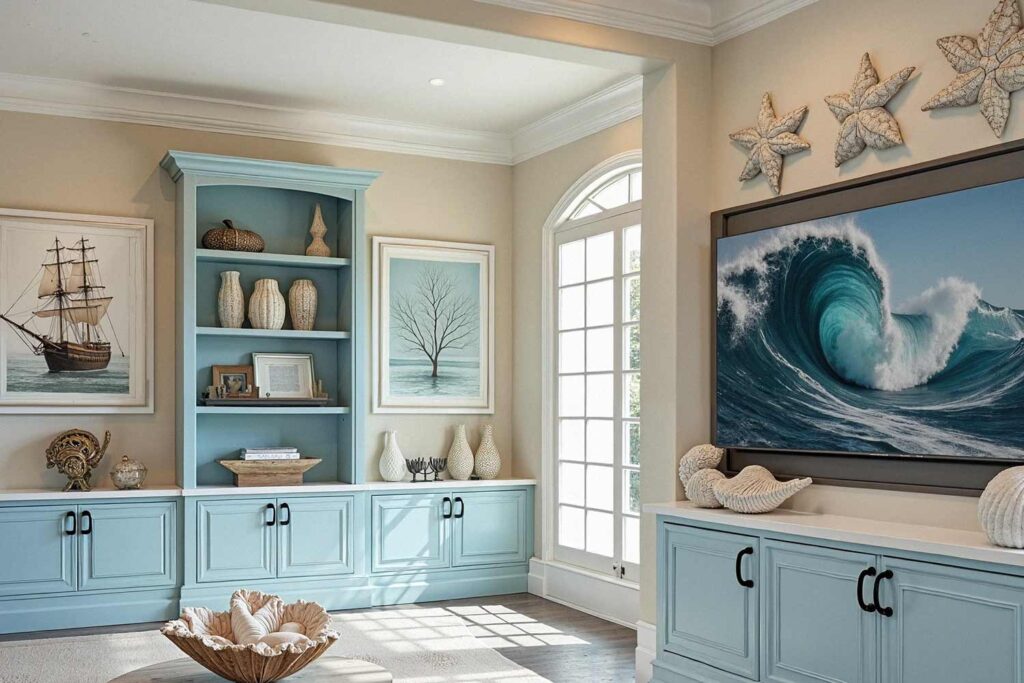 Family Room with Cream Walls and Light Blue Cabinets, painting cabinets ideas, ideas for painting cabinets, house painting ideas, Interior Color Schemes, Cabinet Painting Tips and Tricks, Refinishing Old Cabinets with Paint, Modern Cabinet Painting Ideas, Cabinet Paint Colors