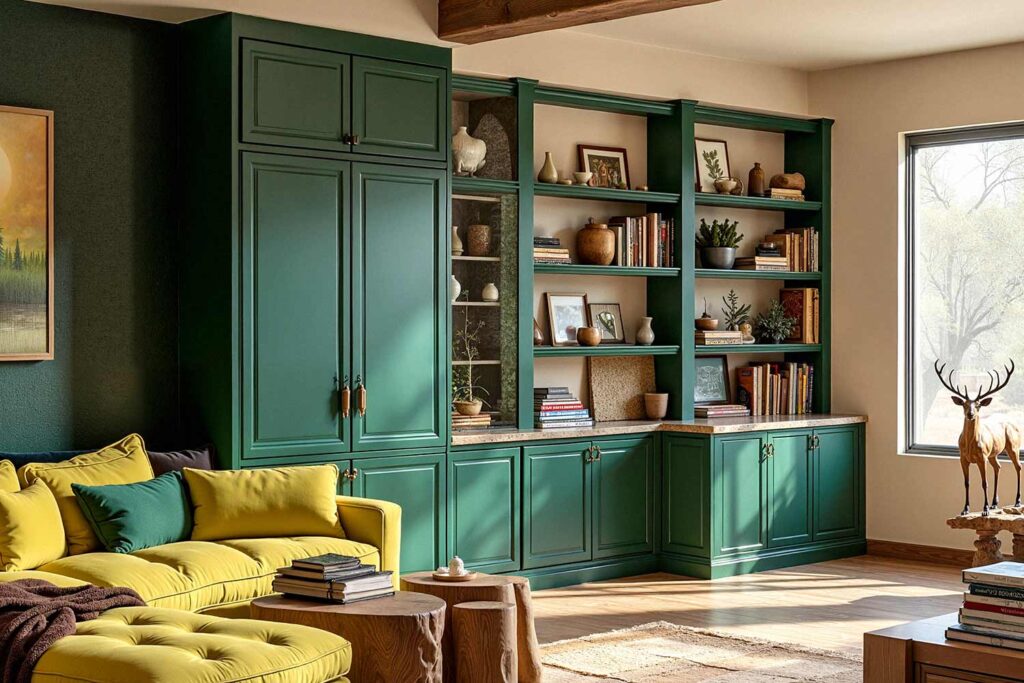 Family Room with Cream Walls and deep green Cabinets, painting cabinets ideas, ideas for painting cabinets, house painting ideas, Interior Color Schemes, Cabinet Painting Tips and Tricks, Refinishing Old Cabinets with Paint, Modern Cabinet Painting Ideas, Cabinet Paint Colors