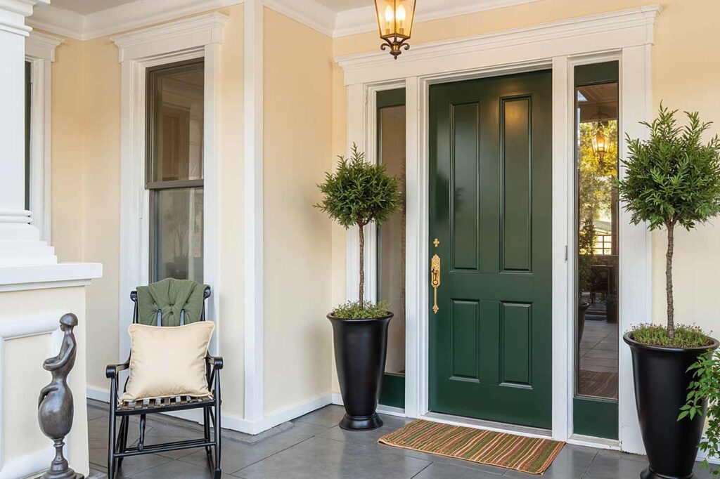 Forest Green Front Door with Pale Yellow Walls and White Trim, front door colors, entrance door colors, entry door hues, door paint colors, exterior door shades, entryway colors, doorway colors, entrance paint colors, entry paint shades, painting front door, refinishing front door, refreshing front entrance, updating front door, renovating entry door, repainting entrance door, coating front door, finishing front entrance, door makeover, painting front porch, refinishing porch entrance, updating front entrance, refreshing porch area, renovating entry porch, repainting porch space, coating porch surface, entrance way update, porch makeover, front door painting, entry door renovation, entrance door refinishing, door color update, doorway refreshing, entryway painting, entrance repainting, door color makeover, entry door transformation