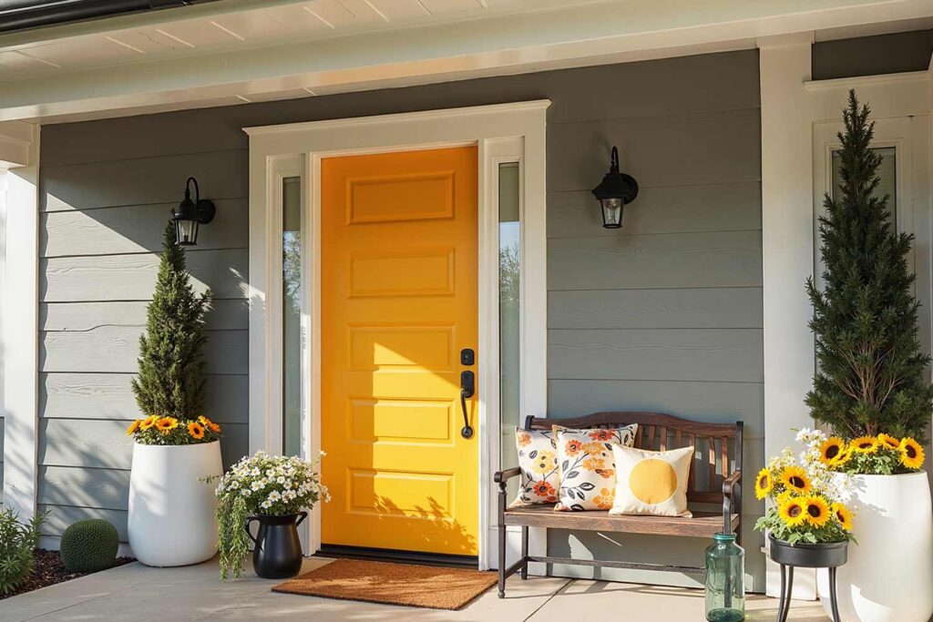 Golden Yellow Front Door with Gray Walls and White Trim, front door colors, entrance door colors, entry door hues, door paint colors, exterior door shades, entryway colors, doorway colors, entrance paint colors, entry paint shades, painting front door, refinishing front door, refreshing front entrance, updating front door, renovating entry door, repainting entrance door, coating front door, finishing front entrance, door makeover, painting front porch, refinishing porch entrance, updating front entrance, refreshing porch area, renovating entry porch, repainting porch space, coating porch surface, entrance way update, porch makeover, front door painting, entry door renovation, entrance door refinishing, door color update, doorway refreshing, entryway painting, entrance repainting, door color makeover, entry door transformation