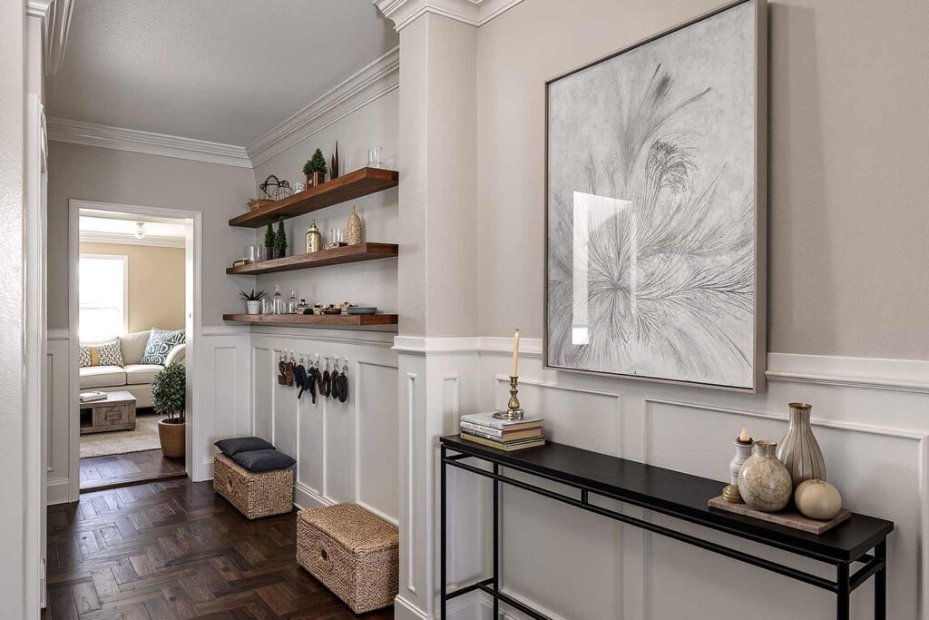 Gray Hallway Walls with Alabaster Trim and Dark Walnut Floors, Modern Craftsman hallway with Agreeable Gray walls, Alabaster trim, light oak floors, and morning sunlight in a Scottsdale home, hallway painting ideas, hallway paint colors, hallway color schemes, hallway paint combinations, narrow hallway paint ideas, small hallway paint colors, corridor paint designs, entryway color schemes, passageway painting inspiration, foyer paint ideas, hallway color inspiration, corridor decorating concepts, entrance paint solutions, hallway makeover ideas, passage color ideas, vestibule painting concepts, color scheme, paint design, color combination, paint treatment, wall treatment, color palette, paint finish, wall colors, paint selection hallway, color choice, color pairings, color duos, paint matches, color coordination, color harmony, paint partnerships, color marriages, tone combinations, shade pairings, chromatic duets, connecting area, passage space colors, intermediate zone colors, linking space colors, connecting corridor colors, transition zone colors, thoroughfare colors, connecting pathway colors, interim space colors, passage area colors, refined, elegant, polished, upscale, distinguished painter, cultivated, tasteful, luxurious, elevated, high-end painting