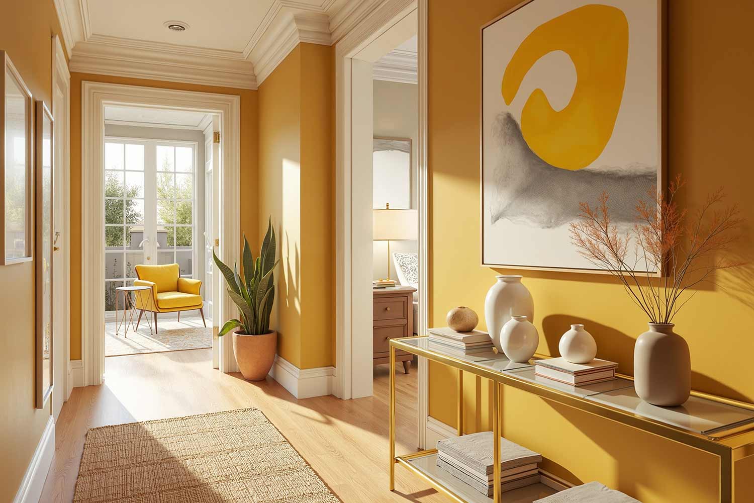 Alchemy mustard yellow walls with Alabaster trim, light oak floors, Mid-Century Modern decor, and golden sunlight in a Scottsdale home, Hallway Deep Mustard Walls with Alabaster Trim and Light Hardwood Flooring, hallway painting ideas, hallway paint colors, hallway color schemes, hallway paint combinations, narrow hallway paint ideas, small hallway paint colors, corridor paint designs, entryway color schemes, passageway painting inspiration, foyer paint ideas, hallway color inspiration, corridor decorating concepts, entrance paint solutions, hallway makeover ideas, passage color ideas, vestibule painting concepts, color scheme, paint design, color combination, paint treatment, wall treatment, color palette, paint finish, wall colors, paint selection hallway, color choice, color pairings, color duos, paint matches, color coordination, color harmony, paint partnerships, color marriages, tone combinations, shade pairings, chromatic duets, connecting area, passage space colors, intermediate zone colors, linking space colors, connecting corridor colors, transition zone colors, thoroughfare colors, connecting pathway colors, interim space colors, passage area colors, refined, elegant, polished, upscale, distinguished painter, cultivated, tasteful, luxurious, elevated, high-end painting