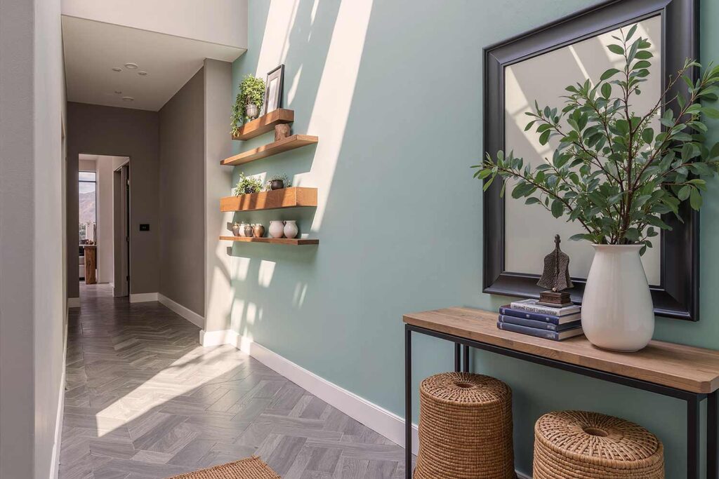 Hallway with Blue-Green Accent Wall and Dorian Gray Surroundings, hallway painting ideas, Sophisticated hallway with Dorian Gray walls, Rainwashed trim, light oak flooring, and morning sunlight in a Scottsdale Craftsman-style home, hallway paint colors, hallway color schemes, hallway paint combinations, narrow hallway paint ideas, small hallway paint colors, corridor paint designs, entryway color schemes, passageway painting inspiration, foyer paint ideas, hallway color inspiration, corridor decorating concepts, entrance paint solutions, hallway makeover ideas, passage color ideas, vestibule painting concepts, color scheme, paint design, color combination, paint treatment, wall treatment, color palette, paint finish, wall colors, paint selection hallway, color choice, color pairings, color duos, paint matches, color coordination, color harmony, paint partnerships, color marriages, tone combinations, shade pairings, chromatic duets, connecting area, passage space colors, intermediate zone colors, linking space colors, connecting corridor colors, transition zone colors, thoroughfare colors, connecting pathway colors, interim space colors, passage area colors, refined, elegant, polished, upscale, distinguished painter, cultivated, tasteful, luxurious, elevated, high-end painting