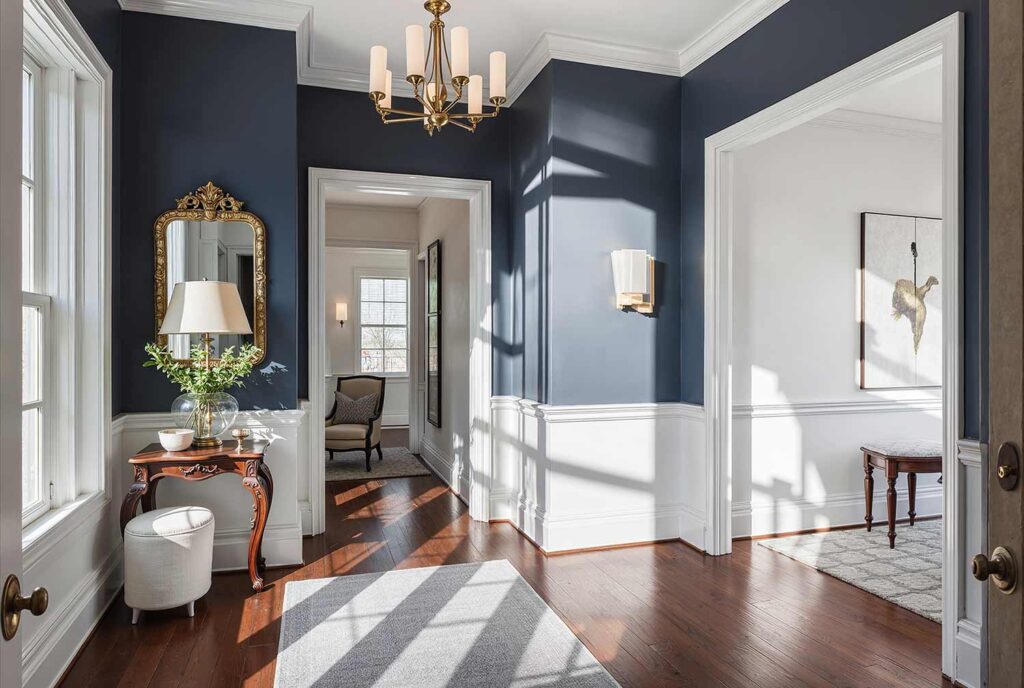 Hallway with Deep Navy Walls with White Trim and Dark Walnut Flooring, Dramatic navy and white hallway with dark walnut floors, Colonial Revival décor, and evening sunlight in a Scottsdale home, hallway painting ideas, hallway paint colors, hallway color schemes, hallway paint combinations, narrow hallway paint ideas, small hallway paint colors, corridor paint designs, entryway color schemes, passageway painting inspiration, foyer paint ideas, hallway color inspiration, corridor decorating concepts, entrance paint solutions, hallway makeover ideas, passage color ideas, vestibule painting concepts, color scheme, paint design, color combination, paint treatment, wall treatment, color palette, paint finish, wall colors, paint selection hallway, color choice, color pairings, color duos, paint matches, color coordination, color harmony, paint partnerships, color marriages, tone combinations, shade pairings, chromatic duets, connecting area, passage space colors, intermediate zone colors, linking space colors, connecting corridor colors, transition zone colors, thoroughfare colors, connecting pathway colors, interim space colors, passage area colors, refined, elegant, polished, upscale, distinguished painter, cultivated, tasteful, luxurious, elevated, high-end painting