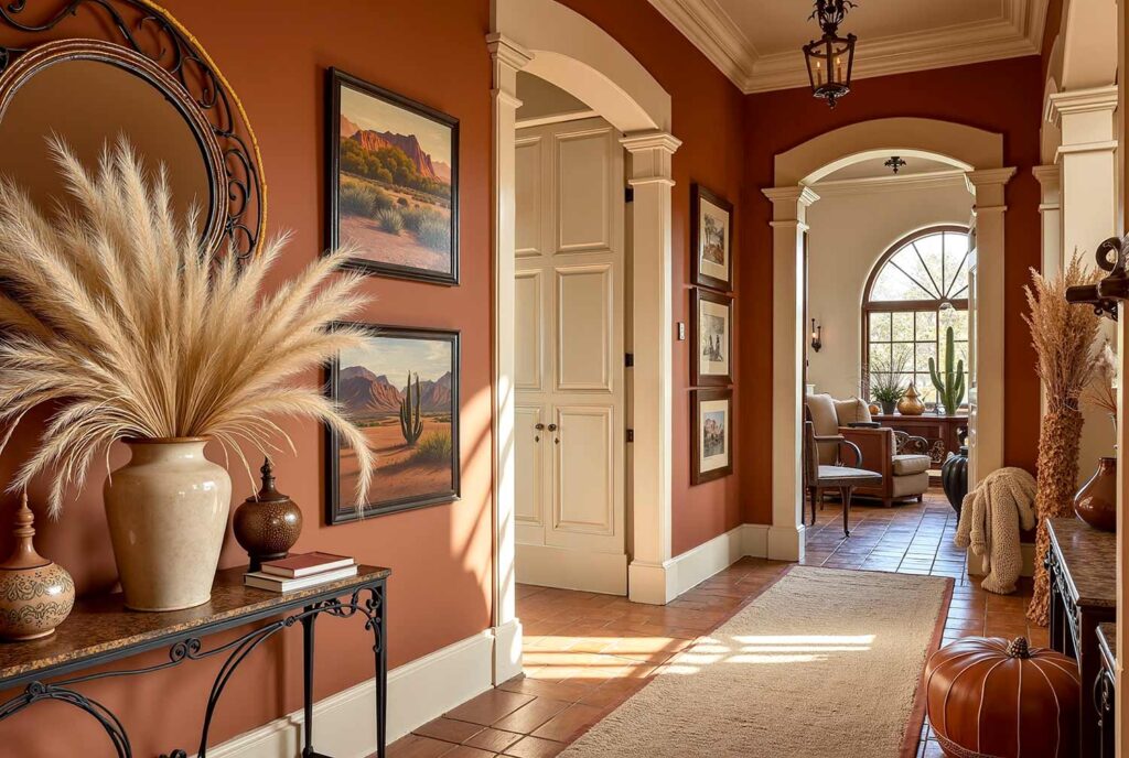 Hallway with Terracotta Walls and Beige Trim and Terracotta Flooring, Warm terracotta hallway with Sunbleached trim, terracotta tiles, Spanish Revival décor, and afternoon sunlight in a Scottsdale home, hallway painting ideas, hallway paint colors, hallway color schemes, hallway paint combinations, narrow hallway paint ideas, small hallway paint colors, corridor paint designs, entryway color schemes, passageway painting inspiration, foyer paint ideas, hallway color inspiration, corridor decorating concepts, entrance paint solutions, hallway makeover ideas, passage color ideas, vestibule painting concepts, color scheme, paint design, color combination, paint treatment, wall treatment, color palette, paint finish, wall colors, paint selection hallway, color choice, color pairings, color duos, paint matches, color coordination, color harmony, paint partnerships, color marriages, tone combinations, shade pairings, chromatic duets, connecting area, passage space colors, intermediate zone colors, linking space colors, connecting corridor colors, transition zone colors, thoroughfare colors, connecting pathway colors, interim space colors, passage area colors, refined, elegant, polished, upscale, distinguished painter, cultivated, tasteful, luxurious, elevated, high-end painting