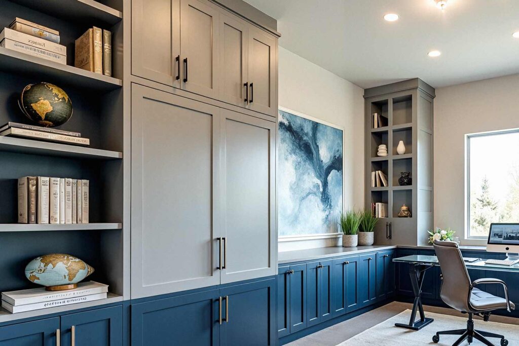 Home Office with Blue Cabinets on Bottom and Gray on Top, painting cabinets ideas, ideas for painting cabinets, house painting ideas, Interior Color Schemes, Cabinet Painting Tips and Tricks, Refinishing Old Cabinets with Paint, Modern Cabinet Painting Ideas, Cabinet Paint Colors