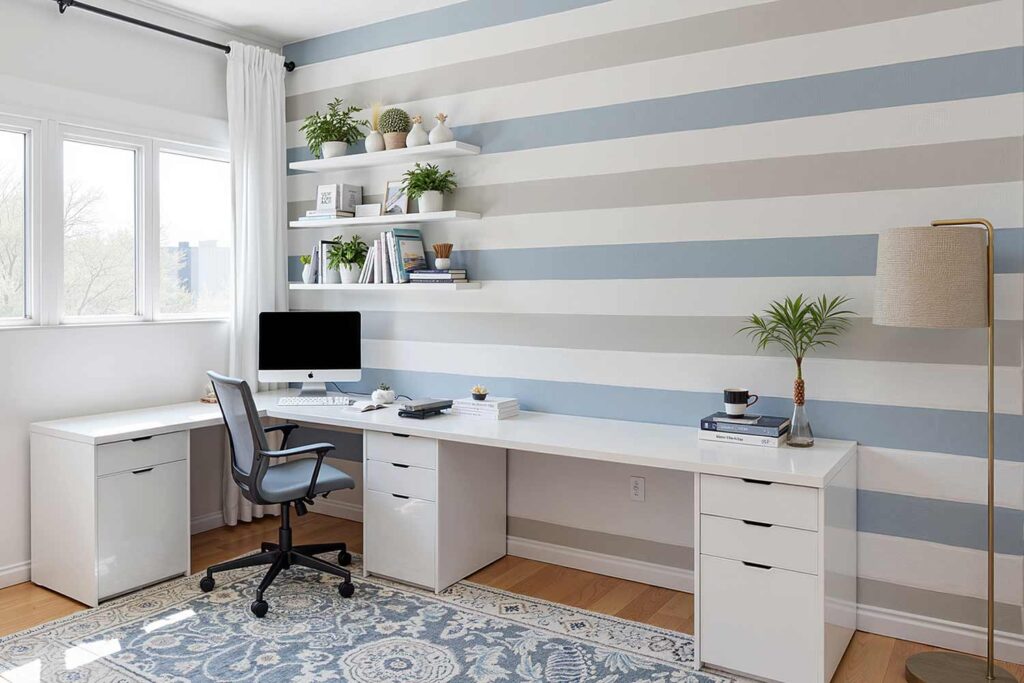 Home Office with Gray and Blue Horizontal Striped Accent Wall and White Walls, Unique Interior Paint Colors, Modern home office with Agreeable Gray and Aleutian horizontal striped accent wall, white walls, and light oak flooring, featuring lived-in decor and natural light in a Scottsdale neighborhood, Unique Interior Paint Shades, Distinctive Wall Colors, Nontraditional Paint Hues, Uncommon Interior Color Palettes, Eccentric Paint Tones, Quirky Wall Colors, Rare Interior Paint Options, Offbeat Color Choices, Exceptional Paint Colors, Striking Interior Hues, Alternative Wall Colors, Innovative Paint Shades, Unconventional Color Schemes, Eye-catching Interior Colors, Bold Paint Selections, Interior Color Shades, Wall Paint Hues, Room Paint Colors, Indoor Paint Tones, Home Paint Colors, Decorative Paint Colors, Residential Paint Shades, Interior Coating Colors, Living Space Paint Colors, House Paint Hues, Interior Color Palette, Wall Color Options, Indoor Color Selections, Interior Finishing Colors, Room Color Schemes,