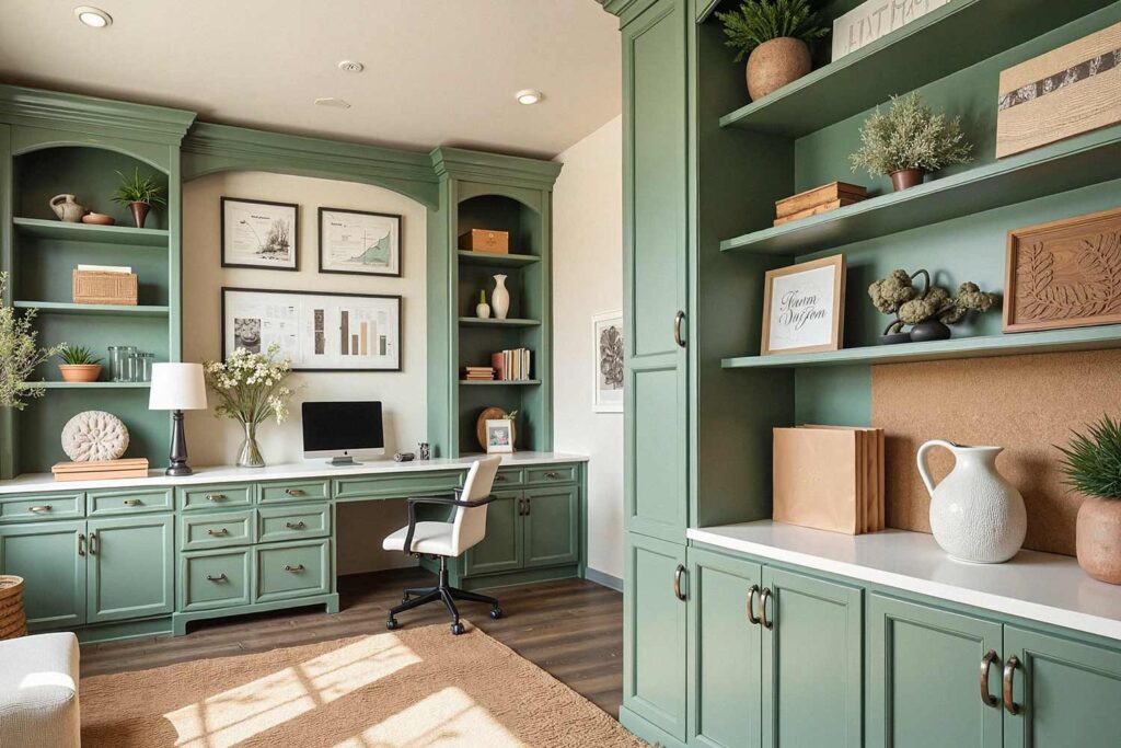 Home Office with Light Green Cabinets and Nature Accents, painting cabinets ideas, ideas for painting cabinets, house painting ideas, Interior Color Schemes, Cabinet Painting Tips and Tricks, Refinishing Old Cabinets with Paint, Modern Cabinet Painting Ideas, Cabinet Paint Colors