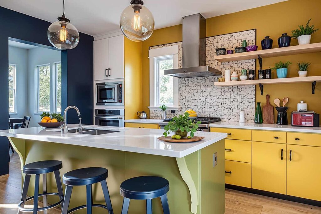 Kitchen with Navy Blue and Mustard Walls and White and Avocado Green Cabinets, Creative kitchen with Navy Blue walls, Mustard Yellow accent wall, and white cabinets, featuring bold decor and bright natural light in a Scottsdale neighborhood, Unique Interior Paint Colors, Unique Interior Paint Shades, Distinctive Wall Colors, Nontraditional Paint Hues, Uncommon Interior Color Palettes, Eccentric Paint Tones, Quirky Wall Colors, Rare Interior Paint Options, Offbeat Color Choices, Exceptional Paint Colors, Striking Interior Hues, Alternative Wall Colors, Innovative Paint Shades, Unconventional Color Schemes, Eye-catching Interior Colors, Bold Paint Selections, Interior Color Shades, Wall Paint Hues, Room Paint Colors, Indoor Paint Tones, Home Paint Colors, Decorative Paint Colors, Residential Paint Shades, Interior Coating Colors, Living Space Paint Colors, House Paint Hues, Interior Color Palette, Wall Color Options, Indoor Color Selections, Interior Finishing Colors, Room Color Schemes,