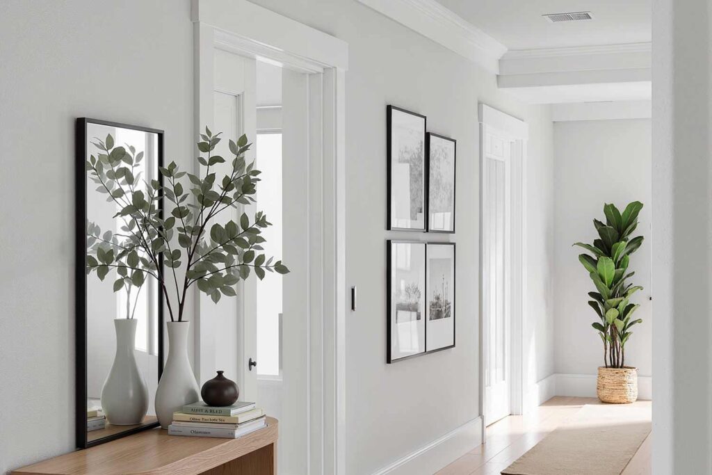Light Gray Hallway Walls with Snowbound White Trim and Wood Flooring, Contemporary Craftsman hallway with Repose Gray walls, Snowbound trim, light oak flooring, and morning sunlight in a Scottsdale home, hallway painting ideas, hallway paint colors, hallway color schemes, hallway paint combinations, narrow hallway paint ideas, small hallway paint colors, corridor paint designs, entryway color schemes, passageway painting inspiration, foyer paint ideas, hallway color inspiration, corridor decorating concepts, entrance paint solutions, hallway makeover ideas, passage color ideas, vestibule painting concepts, color scheme, paint design, color combination, paint treatment, wall treatment, color palette, paint finish, wall colors, paint selection hallway, color choice, color pairings, color duos, paint matches, color coordination, color harmony, paint partnerships, color marriages, tone combinations, shade pairings, chromatic duets, connecting area, passage space colors, intermediate zone colors, linking space colors, connecting corridor colors, transition zone colors, thoroughfare colors, connecting pathway colors, interim space colors, passage area colors, refined, elegant, polished, upscale, distinguished painter, cultivated, tasteful, luxurious, elevated, high-end painting