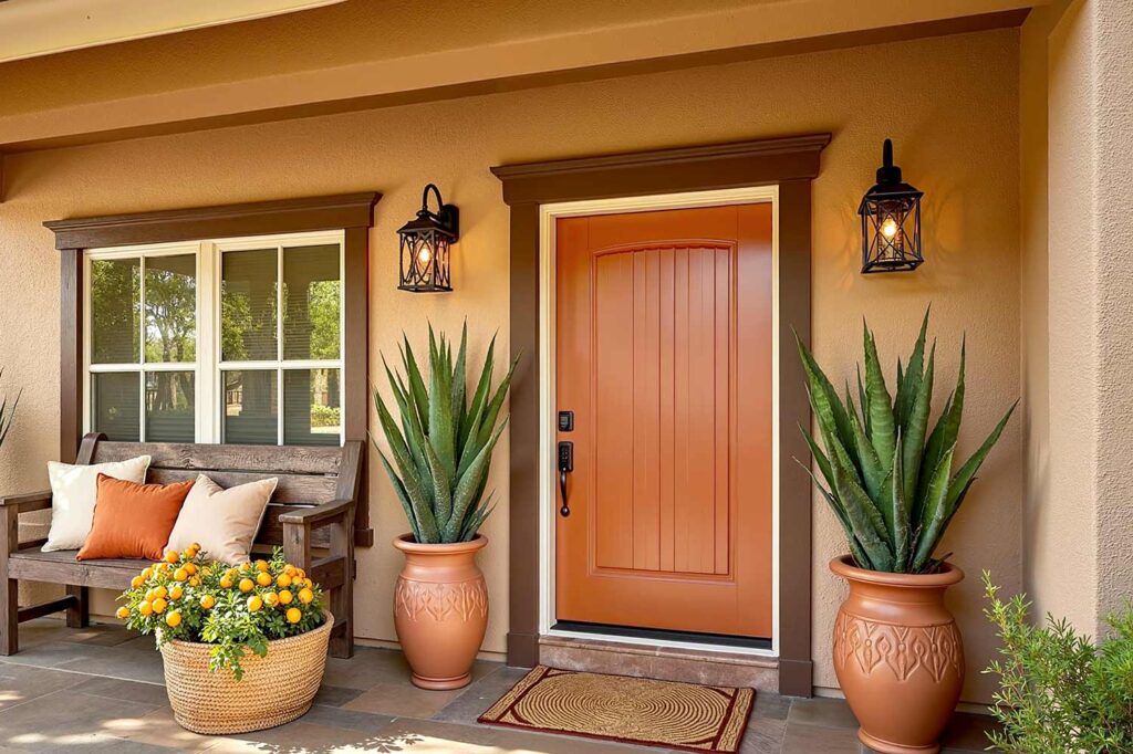 Light Terracotta Front Door with Beige Walls and White-Brown Trim, front door colors, entrance door colors, entry door hues, door paint colors, exterior door shades, entryway colors, doorway colors, entrance paint colors, entry paint shades, painting front door, refinishing front door, refreshing front entrance, updating front door, renovating entry door, repainting entrance door, coating front door, finishing front entrance, door makeover, painting front porch, refinishing porch entrance, updating front entrance, refreshing porch area, renovating entry porch, repainting porch space, coating porch surface, entrance way update, porch makeover, front door painting, entry door renovation, entrance door refinishing, door color update, doorway refreshing, entryway painting, entrance repainting, door color makeover, entry door transformation