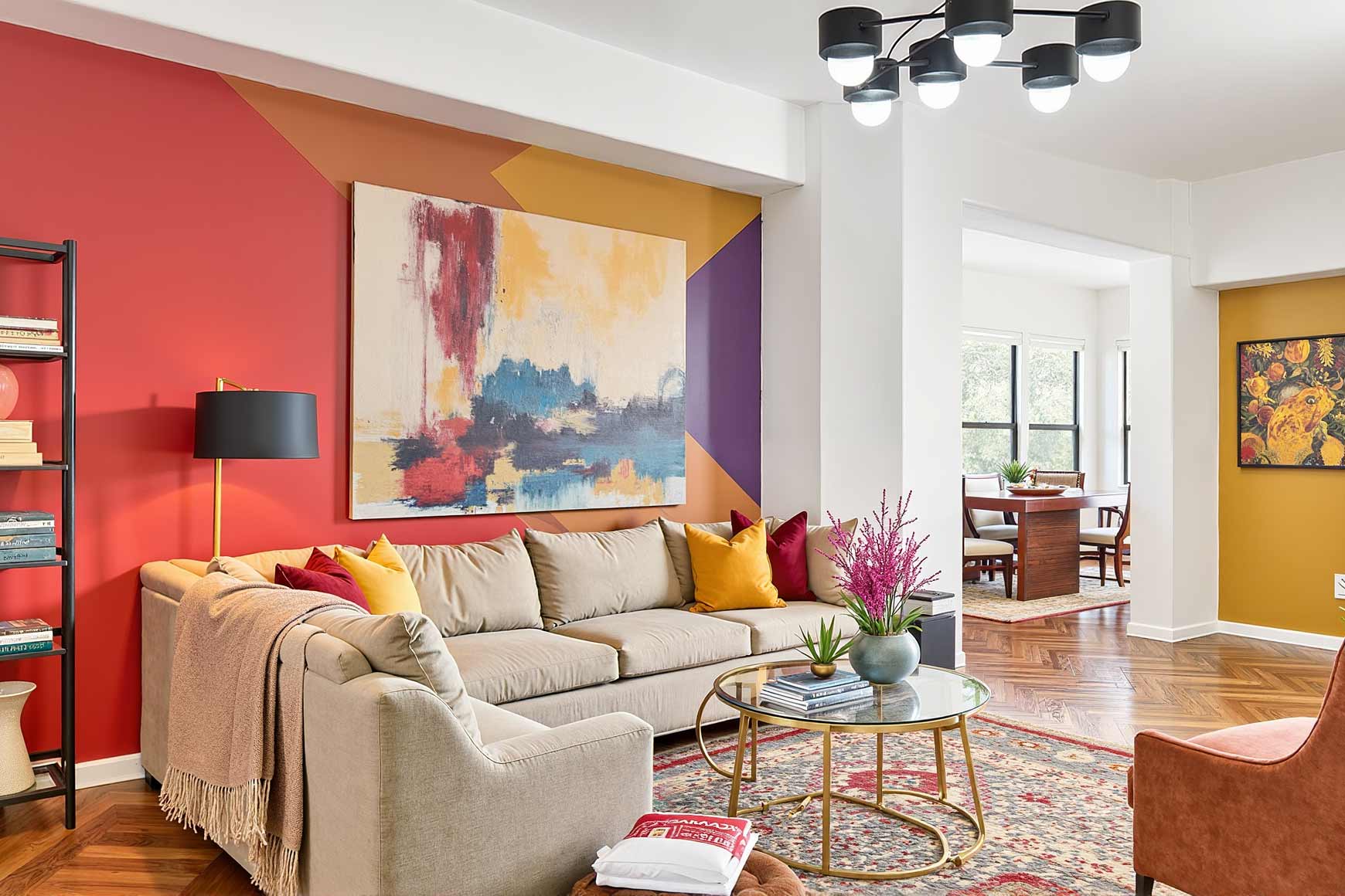 Living Room with Color-Blocked Alchemy and Carnelian Accent Wall White Walls and Wood Floors, Unique Interior Paint Colors, Eclectic living room with color-blocked Mustard and Red accent wall, white walls, and herringbone hardwood floors, featuring bold decor and natural light in a Scottsdale neighborhood, Unique Interior Paint Shades, Distinctive Wall Colors, Nontraditional Paint Hues, Uncommon Interior Color Palettes, Eccentric Paint Tones, Quirky Wall Colors, Rare Interior Paint Options, Offbeat Color Choices, Exceptional Paint Colors, Striking Interior Hues, Alternative Wall Colors, Innovative Paint Shades, Unconventional Color Schemes, Eye-catching Interior Colors, Bold Paint Selections, Interior Color Shades, Wall Paint Hues, Room Paint Colors, Indoor Paint Tones, Home Paint Colors, Decorative Paint Colors, Residential Paint Shades, Interior Coating Colors, Living Space Paint Colors, House Paint Hues, Interior Color Palette, Wall Color Options, Indoor Color Selections, Interior Finishing Colors, Room Color Schemes,
