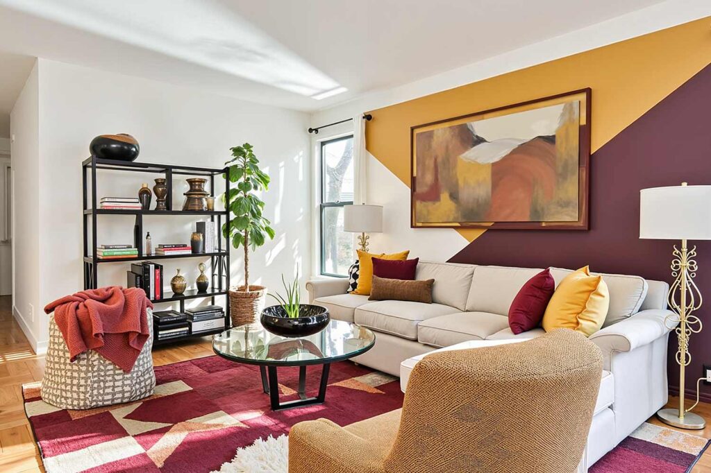 Living Room with Color-Blocked Alchemy and Carnelian Accent Wall White Walls and Wood Floors, Unique Interior Paint Colors, Eclectic living room with color-blocked Alchemy and Carnelian accent wall, white walls, and herringbone hardwood floors, featuring bold decor and natural light in a Scottsdale neighborhood, Unique Interior Paint Shades, Distinctive Wall Colors, Nontraditional Paint Hues, Uncommon Interior Color Palettes, Eccentric Paint Tones, Quirky Wall Colors, Rare Interior Paint Options, Offbeat Color Choices, Exceptional Paint Colors, Striking Interior Hues, Alternative Wall Colors, Innovative Paint Shades, Unconventional Color Schemes, Eye-catching Interior Colors, Bold Paint Selections, Interior Color Shades, Wall Paint Hues, Room Paint Colors, Indoor Paint Tones, Home Paint Colors, Decorative Paint Colors, Residential Paint Shades, Interior Coating Colors, Living Space Paint Colors, House Paint Hues, Interior Color Palette, Wall Color Options, Indoor Color Selections, Interior Finishing Colors, Room Color Schemes,