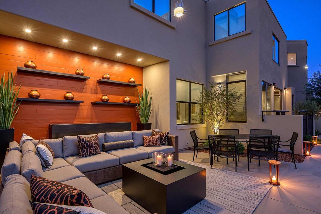 Modern Desert Patio Design with Terracotta and Gray Color Palette, Phoenix, Arizona, Desert lifestyle, Desert environment, Functional Terms:, Entertainment space, Gathering spot, Outdoor retreat, Living space, Patio color ideas, Phoenix outdoor living, Desert patio design, Outdoor paint colors, Patio transformation, Secondary Keywords: , Color combinations, Desert Modern, Mediterranean Oasis, Desert Sunset, Paint Techniques:, Color blocking, Ceiling painting, Painted rug designs, Mural designs, Zoning with color, Specific Areas:, Dining zone, Living zone, Accent zone, Conversation area