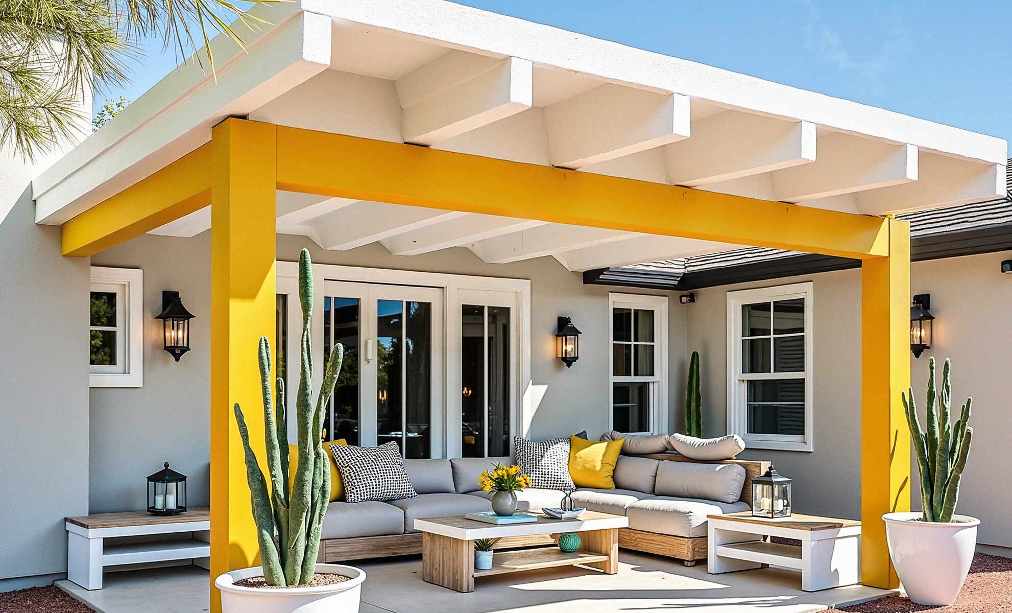 Modern Phoenix Patio in Bright Yellow and White with Gray Walls, painting stained wood, painted wood patio, stained wood makeover, refinished wood eaves, wood stain transformation, painted over stain, stained wood update, exterior wood painting, outdoor wood refinishing, patio wood paint, exterior wood transformation, painted patio features, outdoor wood makeover, patio eaves painting, fascia transformation, painted wood trim, desert patio makeover, southwestern patio update, outdoor wood color ideas