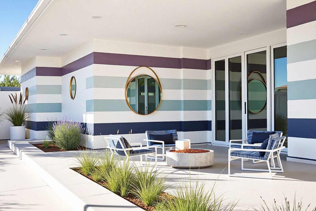 Modern Phoenix Patio with Bold Colored Stripes, Phoenix, Arizona, Desert lifestyle, Desert environment, Functional Terms:, Entertainment space, Gathering spot, Outdoor retreat, Living space, Patio color ideas, Phoenix outdoor living, Desert patio design, Outdoor paint colors, Patio transformation, Secondary Keywords: , Color combinations, Desert Modern, Mediterranean Oasis, Desert Sunset, Paint Techniques:, Color blocking, Ceiling painting, Painted rug designs, Mural designs, Zoning with color, Specific Areas:, Dining zone, Living zone, Accent zone, Conversation area