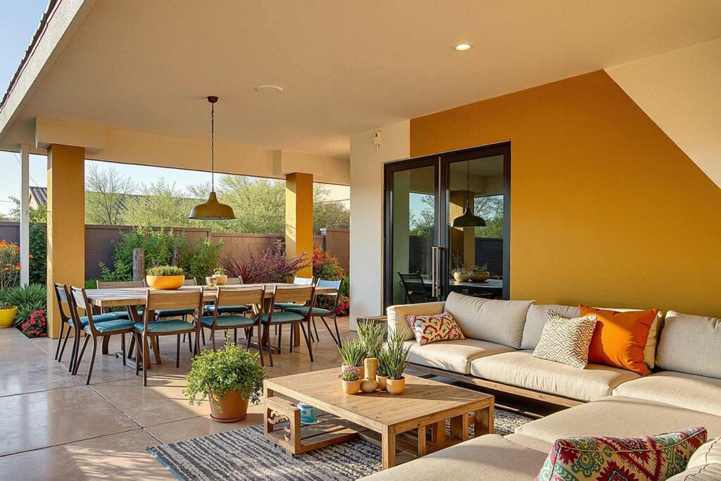 Modern Phoenix Patio with Bold Mustard Yellow Accent Wall, Phoenix, Arizona, Desert lifestyle, Desert environment, Functional Terms:, Entertainment space, Gathering spot, Outdoor retreat, Living space, Patio color ideas, Phoenix outdoor living, Desert patio design, Outdoor paint colors, Patio transformation, Secondary Keywords: , Color combinations, Desert Modern, Mediterranean Oasis, Desert Sunset, Paint Techniques:, Color blocking, Ceiling painting, Painted rug designs, Mural designs, Zoning with color, Specific Areas:, Dining zone, Living zone, Accent zone, Conversation area