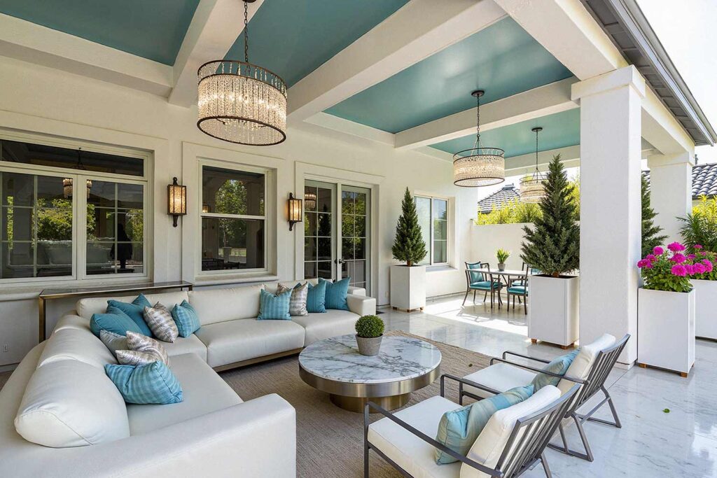 Modern Phoenix Patio with Ethereal Aqua Ceiling and Crystal Chandeliers, Phoenix, Arizona, Desert lifestyle, Desert environment, Functional Terms:, Entertainment space, Gathering spot, Outdoor retreat, Living space, Patio color ideas, Phoenix outdoor living, Desert patio design, Outdoor paint colors, Patio transformation, Secondary Keywords: , Color combinations, Desert Modern, Mediterranean Oasis, Desert Sunset, Paint Techniques:, Color blocking, Ceiling painting, Painted rug designs, Mural designs, Zoning with color, Specific Areas:, Dining zone, Living zone, Accent zone, Conversation area