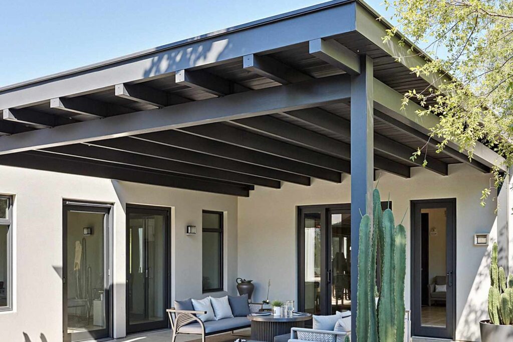 Modern Phoenix Patio with Light Gray Walls and Dark Gray Trim, painting stained wood, painted wood patio, stained wood makeover, refinished wood eaves, wood stain transformation, painted over stain, stained wood update, exterior wood painting, outdoor wood refinishing, patio wood paint, exterior wood transformation, painted patio features, outdoor wood makeover, patio eaves painting, fascia transformation, painted wood trim, desert patio makeover, southwestern patio update, outdoor wood color ideas