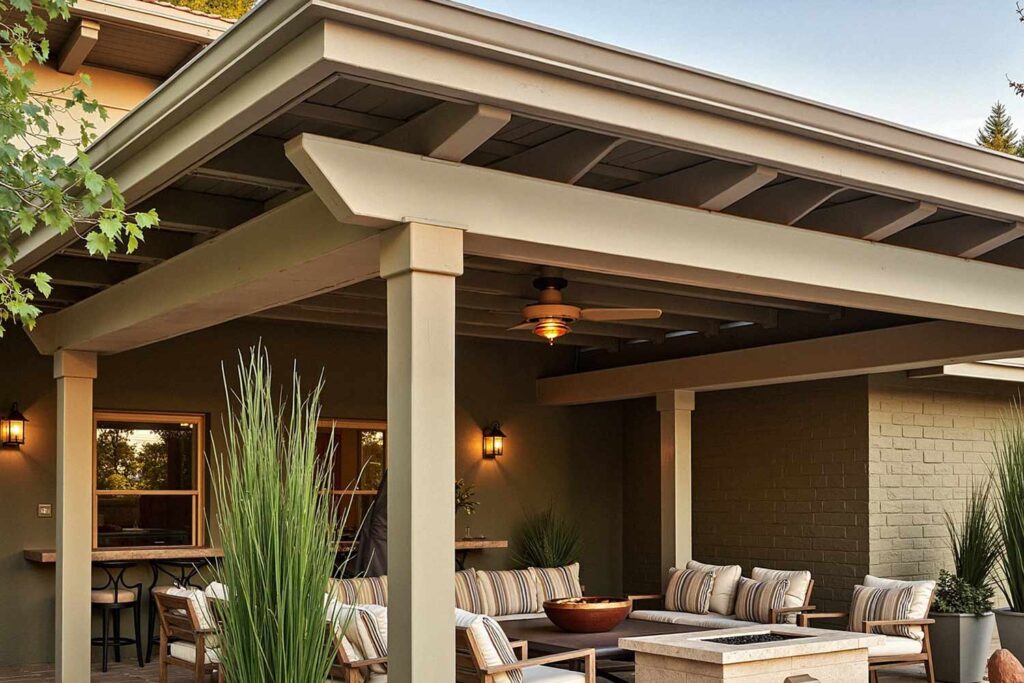 Patio with Dark Khaki walls with Light Khaki Trim, painting stained wood, painted wood patio, stained wood makeover, refinished wood eaves, wood stain transformation, painted over stain, stained wood update, exterior wood painting, outdoor wood refinishing, patio wood paint, exterior wood transformation, painted patio features, outdoor wood makeover, patio eaves painting, fascia transformation, painted wood trim, desert patio makeover, southwestern patio update, outdoor wood color ideas
