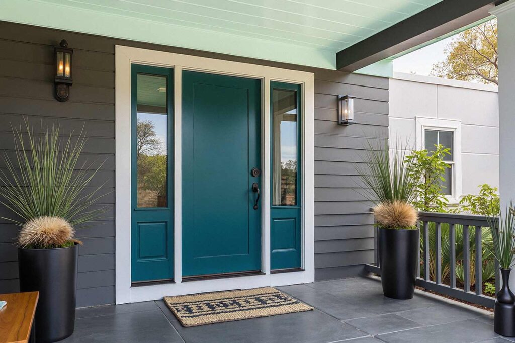 Peacock Teal Front Door with White Trim and Artistic Modern Style, front door painting, painting front porch, painting front door, front door colors, front patio colors, curb appeal, best front door colors, front door color ideas, front door color trends, popular front door colors, front door paint finishes, front door color combinations, painting exterior doors, front door color schemes, front door makeover, front door color for resale, front door accent colors, Unlock Your Home’s Personality with Bold Front Door Colors and Fresh Painting Ideas