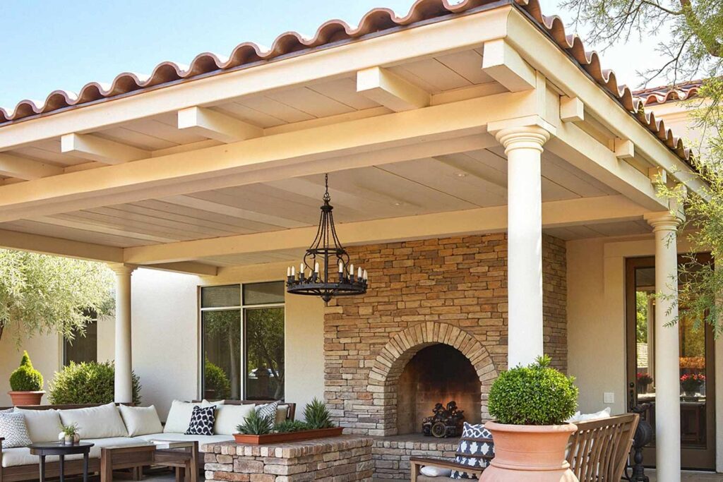 Phoenix Arcadia Patio with Soft Taupe walls and Cream Trim, painting stained wood, painted wood patio, stained wood makeover, refinished wood eaves, wood stain transformation, painted over stain, stained wood update, exterior wood painting, outdoor wood refinishing, patio wood paint, exterior wood transformation, painted patio features, outdoor wood makeover, patio eaves painting, fascia transformation, painted wood trim, desert patio makeover, southwestern patio update, outdoor wood color ideas
