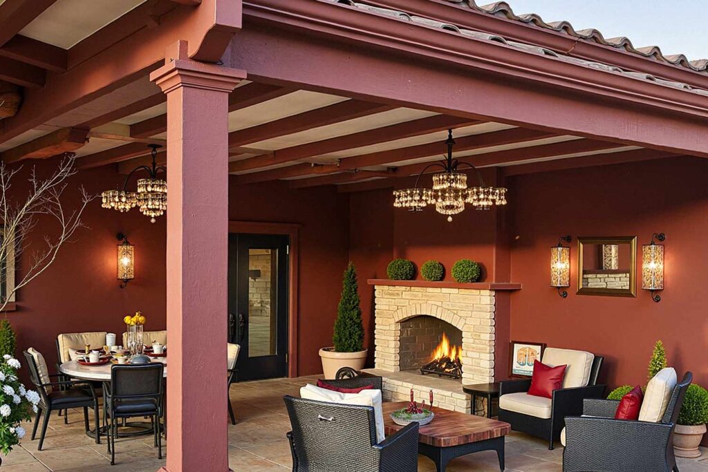 Phoenix Patio in Rich Burgundy walls with Light Beige Ceiling, painting stained wood, painted wood patio, stained wood makeover, refinished wood eaves, wood stain transformation, painted over stain, stained wood update, exterior wood painting, outdoor wood refinishing, patio wood paint, exterior wood transformation, painted patio features, outdoor wood makeover, patio eaves painting, fascia transformation, painted wood trim, desert patio makeover, southwestern patio update, outdoor wood color ideas