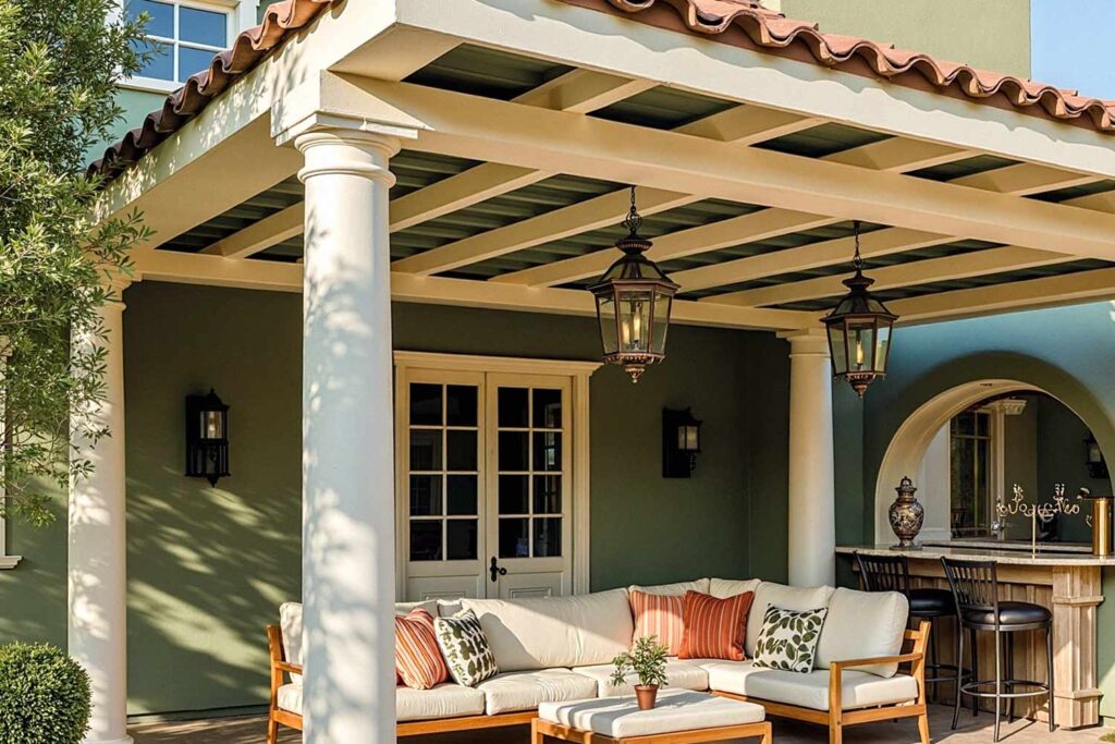 Phoenix Patio with Forest Green walls Ceiling and Ivory Trim, painting stained wood, painted wood patio, stained wood makeover, refinished wood eaves, wood stain transformation, painted over stain, stained wood update, exterior wood painting, outdoor wood refinishing, patio wood paint, exterior wood transformation, painted patio features, outdoor wood makeover, patio eaves painting, fascia transformation, painted wood trim, desert patio makeover, southwestern patio update, outdoor wood color ideas