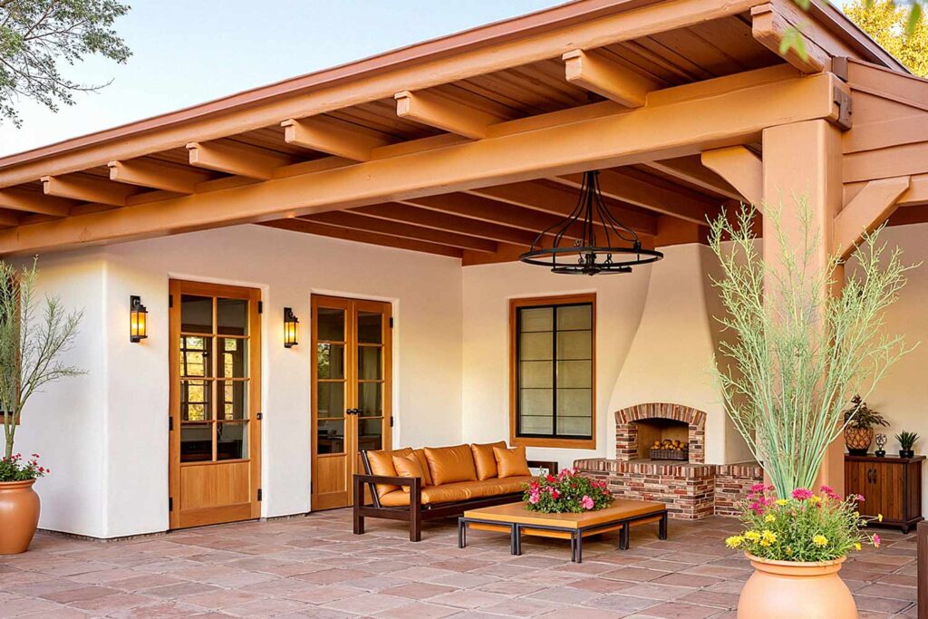 Phoenix Patio with Navajo White walls and Rustic Adobe Brown Trim, painting stained wood, painted wood patio, stained wood makeover, refinished wood eaves, wood stain transformation, painted over stain, stained wood update, exterior wood painting, outdoor wood refinishing, patio wood paint, exterior wood transformation, painted patio features, outdoor wood makeover, patio eaves painting, fascia transformation, painted wood trim, desert patio makeover, southwestern patio update, outdoor wood color ideas