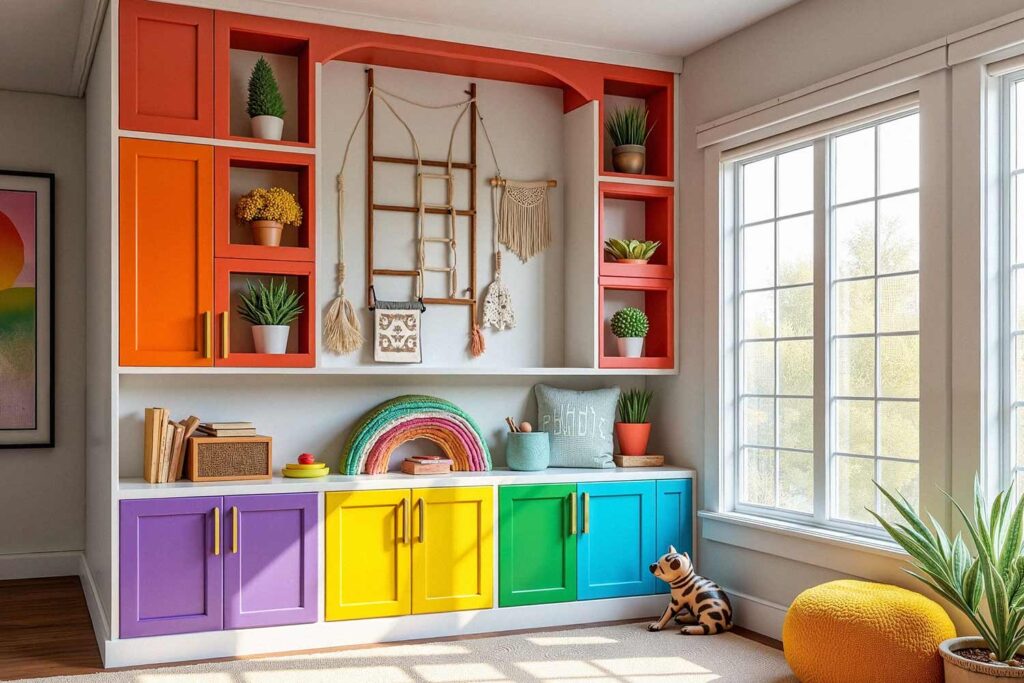 Playroom with Rainbow Colored Cabinets, painting cabinets ideas, ideas for painting cabinets, house painting ideas, Interior Color Schemes, Cabinet Painting Tips and Tricks, Refinishing Old Cabinets with Paint, Modern Cabinet Painting Ideas, Cabinet Paint Colors