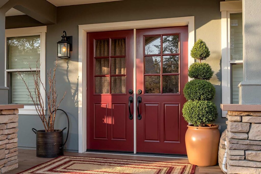 Scottsdale Front Door in Burgundy with White Trim on Warm Gray, front door colors, entrance door colors, entry door hues, door paint colors, exterior door shades, entryway colors, doorway colors, entrance paint colors, entry paint shades, painting front door, refinishing front door, refreshing front entrance, updating front door, renovating entry door, repainting entrance door, coating front door, finishing front entrance, door makeover, painting front porch, refinishing porch entrance, updating front entrance, refreshing porch area, renovating entry porch, repainting porch space, coating porch surface, entrance way update, porch makeover, front door painting, entry door renovation, entrance door refinishing, door color update, doorway refreshing, entryway painting, entrance repainting, door color makeover, entry door transformation