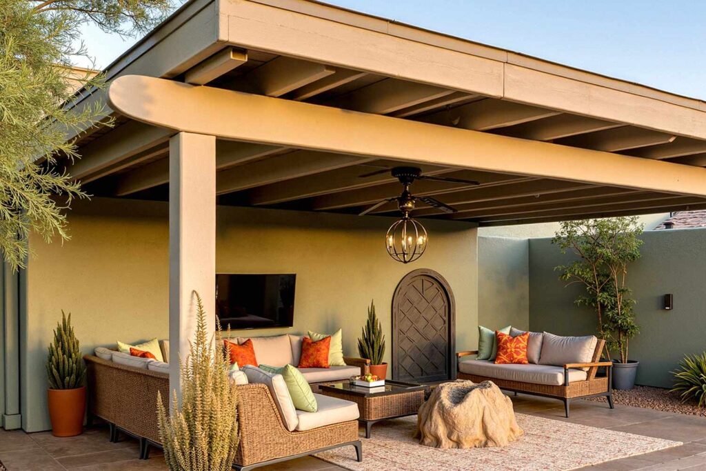 Scottsdale Patio with Dark Sage Green walls with Light Tan Trim, painting stained wood, painted wood patio, stained wood makeover, refinished wood eaves, wood stain transformation, painted over stain, stained wood update, exterior wood painting, outdoor wood refinishing, patio wood paint, exterior wood transformation, painted patio features, outdoor wood makeover, patio eaves painting, fascia transformation, painted wood trim, desert patio makeover, southwestern patio update, outdoor wood color ideas