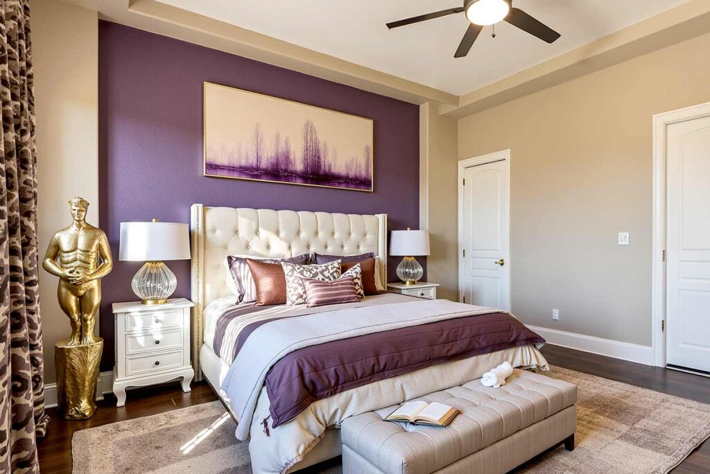 Sophisticated Bedroom with Beige Walls Purple Accent Wall and White Trim, Unique Interior Paint Colors, Sophisticated bedroom with Natural Linen walls, Concord Grape accent wall, and white trim, featuring luxurious decor and soft evening sunlight in a Scottsdale neighborhood, Unique Interior Paint Shades, Distinctive Wall Colors, Nontraditional Paint Hues, Uncommon Interior Color Palettes, Eccentric Paint Tones, Quirky Wall Colors, Rare Interior Paint Options, Offbeat Color Choices, Exceptional Paint Colors, Striking Interior Hues, Alternative Wall Colors, Innovative Paint Shades, Unconventional Color Schemes, Eye-catching Interior Colors, Bold Paint Selections, Interior Color Shades, Wall Paint Hues, Room Paint Colors, Indoor Paint Tones, Home Paint Colors, Decorative Paint Colors, Residential Paint Shades, Interior Coating Colors, Living Space Paint Colors, House Paint Hues, Interior Color Palette, Wall Color Options, Indoor Color Selections, Interior Finishing Colors, Room Color Schemes,