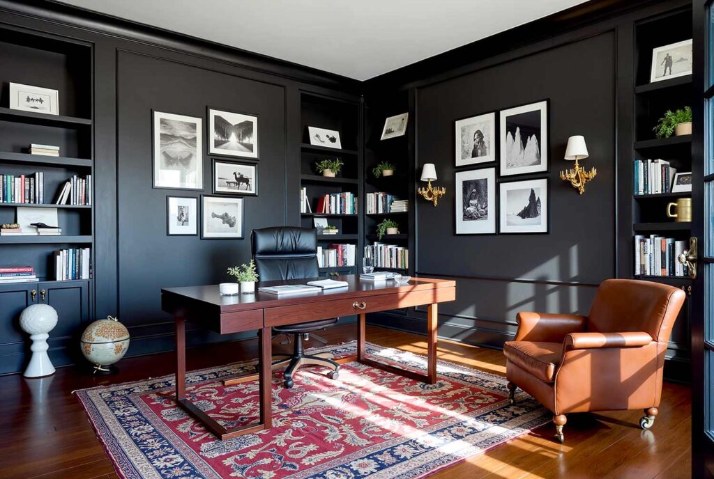 Sophisticated Study with Charcoal Gray Walls, Black Trim, and Dark Walnut Floors, Unique Interior Paint Colors, Sophisticated study with charcoal gray walls, black trim, and dark walnut floors, featuring a mahogany desk, leather chair, and built-in shelves in a Scottsdale neighborhood with dramatic afternoon lighting, Unique Interior Paint Shades, Distinctive Wall Colors, Nontraditional Paint Hues, Uncommon Interior Color Palettes, Eccentric Paint Tones, Quirky Wall Colors, Rare Interior Paint Options, Offbeat Color Choices, Exceptional Paint Colors, Striking Interior Hues, Alternative Wall Colors, Innovative Paint Shades, Unconventional Color Schemes, Eye-catching Interior Colors, Bold Paint Selections, Interior Color Shades, Wall Paint Hues, Room Paint Colors, Indoor Paint Tones, Home Paint Colors, Decorative Paint Colors, Residential Paint Shades, Interior Coating Colors, Living Space Paint Colors, House Paint Hues, Interior Color Palette, Wall Color Options, Indoor Color Selections, Interior Finishing Colors, Room Color Schemes,