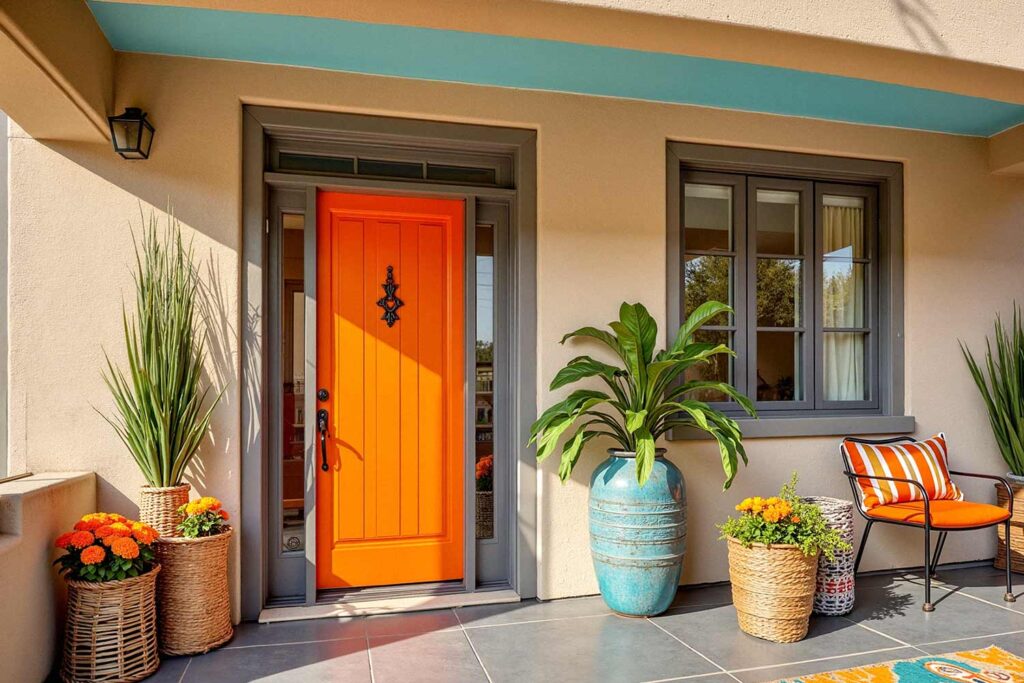 Sunny Tangerine Front Door with Bold Eclectic Style and Gray Trim, front door painting, painting front porch, painting front door, front door colors, front patio colors, curb appeal, best front door colors, front door color ideas, front door color trends, popular front door colors, front door paint finishes, front door color combinations, painting exterior doors, front door color schemes, front door makeover, front door color for resale, front door accent colors, Unlock Your Home’s Personality with Bold Front Door Colors and Fresh Painting Ideas