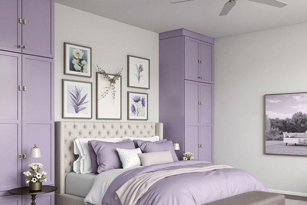 Tranquil Bedroom with Gray Walls and Lavender Cabinets, painting cabinets ideas, ideas for painting cabinets, house painting ideas, Interior Color Schemes, Cabinet Painting Tips and Tricks, Refinishing Old Cabinets with Paint, Modern Cabinet Painting Ideas, Cabinet Paint Colors
