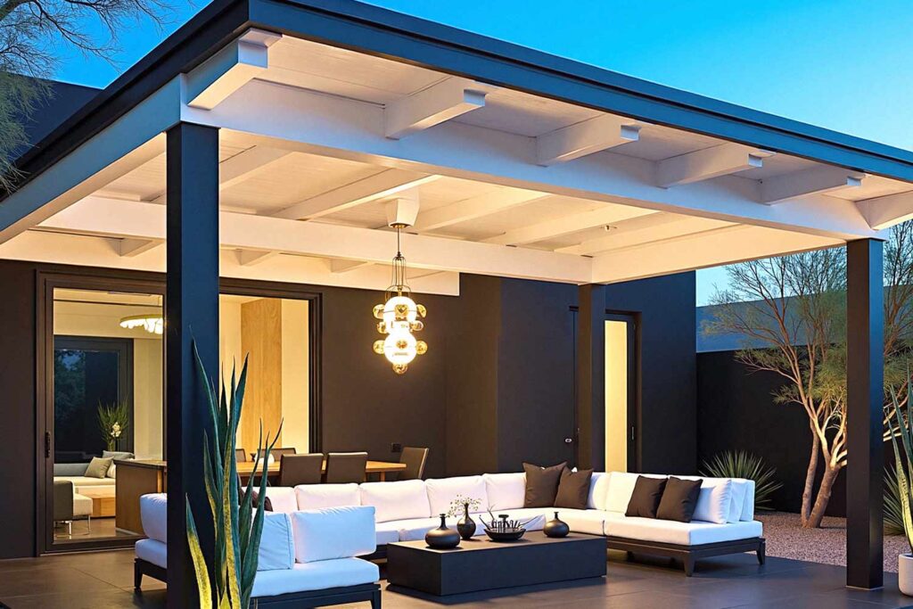 Ultra-modern Phoenix Patio with Black walls and White Trim, painting stained wood, painted wood patio, stained wood makeover, refinished wood eaves, wood stain transformation, painted over stain, stained wood update, exterior wood painting, outdoor wood refinishing, patio wood paint, exterior wood transformation, painted patio features, outdoor wood makeover, patio eaves painting, fascia transformation, painted wood trim, desert patio makeover, southwestern patio update, outdoor wood color ideas