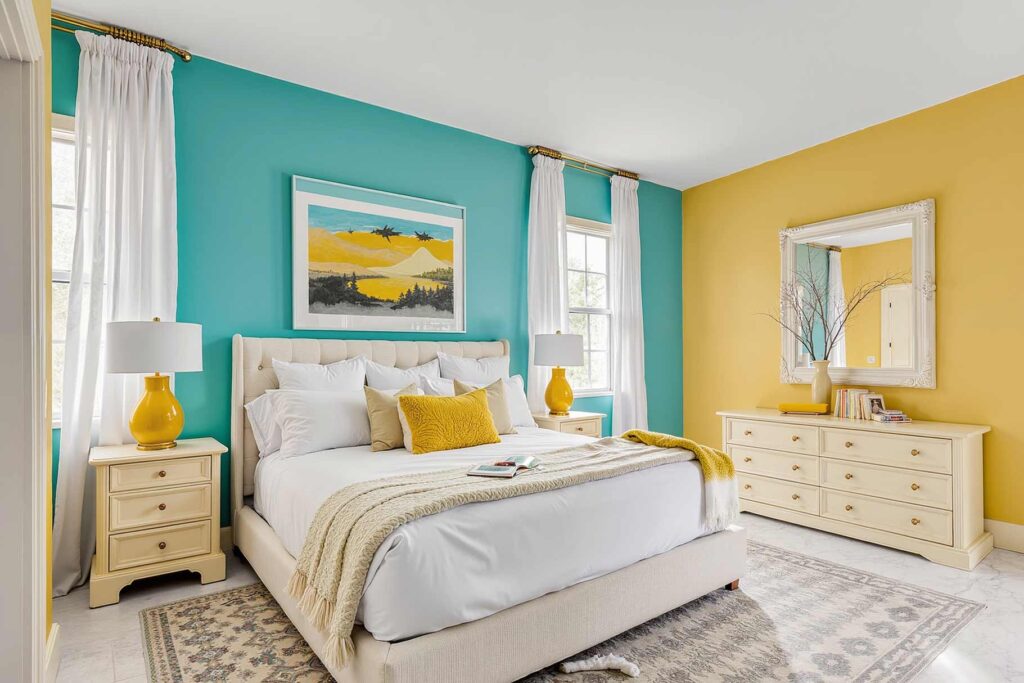 Vibrant Bedroom with Turquoise and Yellow Walls and Cream Trim, Vibrant bedroom with Light sunny yellow walls, Turquoise accent wall, and cream trim, featuring bold decor and soft morning light in a Scottsdale neighborhood, Unique Interior Paint Colors, Unique Interior Paint Shades, Distinctive Wall Colors, Nontraditional Paint Hues, Uncommon Interior Color Palettes, Eccentric Paint Tones, Quirky Wall Colors, Rare Interior Paint Options, Offbeat Color Choices, Exceptional Paint Colors, Striking Interior Hues, Alternative Wall Colors, Innovative Paint Shades, Unconventional Color Schemes, Eye-catching Interior Colors, Bold Paint Selections, Interior Color Shades, Wall Paint Hues, Room Paint Colors, Indoor Paint Tones, Home Paint Colors, Decorative Paint Colors, Residential Paint Shades, Interior Coating Colors, Living Space Paint Colors, House Paint Hues, Interior Color Palette, Wall Color Options, Indoor Color Selections, Interior Finishing Colors, Room Color Schemes,