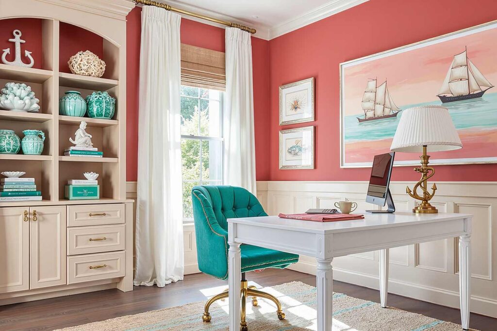 Vibrant Coastal Home Office with Coral Pink Walls, coastal decor Phoenix, Maritime design Scottsdale, Seaside decor Arcadia, Ocean-inspired design near me, Beach-style decorating nearby, Coastal interior design painter, Shoreline aesthetics and painting, Painting Oceanfront style, Coastal home design, Maritime home decor, Seaside-inspired design, nautical decor, Maritime theme, Sailor style, Ship-inspired design, Navy design, Maritime motif, Seafaring style, Marine decor, Boating-inspired design, Harbor style, Maritime aesthetic, beach house decor, Oceanfront home style, Seaside home design, Coastal living decor, Beach cottage style, Shoreline home design, Coastal retreat decor, Beach-inspired home, Seaside living style, Ocean house design, Beach bungalow decor, Related Long-tail Keywords: , How to create coastal style at home, Beach house paint colors, Coastal color schemes for homes, Maritime-inspired room designs, Beach house interior paint ideas, Coastal exterior paint combinations, Nautical color palettes for homes, Beach-inspired home makeover, Coastal paint colors for desert homes, Maritime design for modern homes