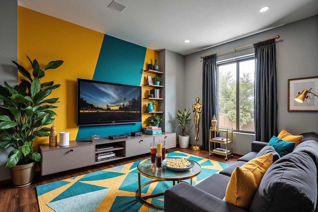 Vibrant Entertainment Room with Ochre and Teal Color-Blocked Accent Wall, Unique Interior Paint Colors, Vibrant entertainment room with Alchemy and Oceanside color-blocked accent wall, neutral gray walls, and dark walnut flooring, featuring bold decor and natural light in a Scottsdale neighborhood, Unique Interior Paint Shades, Distinctive Wall Colors, Nontraditional Paint Hues, Uncommon Interior Color Palettes, Eccentric Paint Tones, Quirky Wall Colors, Rare Interior Paint Options, Offbeat Color Choices, Exceptional Paint Colors, Striking Interior Hues, Alternative Wall Colors, Innovative Paint Shades, Unconventional Color Schemes, Eye-catching Interior Colors, Bold Paint Selections, Interior Color Shades, Wall Paint Hues, Room Paint Colors, Indoor Paint Tones, Home Paint Colors, Decorative Paint Colors, Residential Paint Shades, Interior Coating Colors, Living Space Paint Colors, House Paint Hues, Interior Color Palette, Wall Color Options, Indoor Color Selections, Interior Finishing Colors, Room Color Schemes,