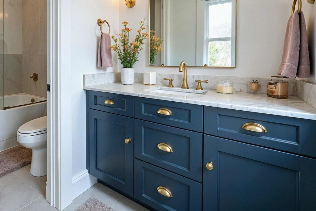 deep navy colored cabinets in bathroom, painting cabinets ideas, ideas for painting cabinets, house painting ideas, Interior Color Schemes, Cabinet Painting Tips and Tricks, Refinishing Old Cabinets with Paint, Modern Cabinet Painting Ideas, Cabinet Paint Colors