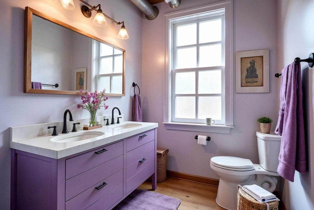purple bathroom with industrial look, painting cabinets ideas, ideas for painting cabinets, house painting ideas, Interior Color Schemes, Cabinet Painting Tips and Tricks, Refinishing Old Cabinets with Paint, Modern Cabinet Painting Ideas, Cabinet Paint Colors