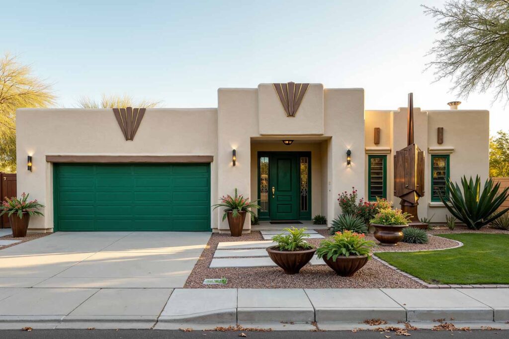 Art Deco Revival Home With Light Beige Stucco Walls Bronze Trim and Green Doors, Outdoor home painting, exterior house painting, Home exterior painting, Outside house painting, External home painting, House exterior painting, Residential exterior painting, Facade painting, Exterior wall painting, Outdoor color schemes, External house color concepts, Outside painting inspiration, Home exterior color suggestions, Outdoor paint design concepts, External color combinations, House facade color ideas, Residential exterior colors, Street view attractiveness, Home exterior aesthetics, Outside home appearance, External home charm, Property visual appeal, Front-facing attractiveness, Home facade enhancement, First impression enhancement, Home color inspiration, Residential paint concepts, House color motivation, Home exterior design ideas, Painting design stimulus, Residential color concepts, Home exterior vision, Property painting concepts
