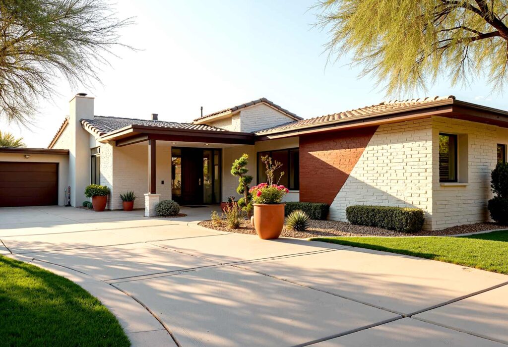 Beige Spanish Mid-Century Modern with Brown Trim and TerraCotta Design, exterior home painting, residential facade enhancement/transformation, house exterior treatment/enhancement, dwelling surface decoration/coloration, property outer wall treatments/designs, architectural surface painting/treatment, building perimeter decoration/enhancement, home outside surface applications/design, facade improvement, residential exterior transformation, house surface painting, geometric shapes, triangular elements, diagonal lines, garage door transformations, desert modern, mid-century modern, color coordination, architectural interest, strategic lighting, visual energy, curb appeal, neighborhood standout, color blocking, architectural features