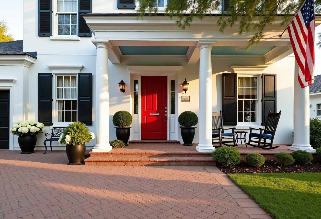 Colonial-Style Home With Pure White Walls Black Trim and Red Door, Outdoor home painting, exterior house painting, Home exterior painting, Outside house painting, External home painting, House exterior painting, Residential exterior painting, Facade painting, Exterior wall painting, Outdoor color schemes, External house color concepts, Outside painting inspiration, Home exterior color suggestions, Outdoor paint design concepts, External color combinations, House facade color ideas, Residential exterior colors, Street view attractiveness, Home exterior aesthetics, Outside home appearance, External home charm, Property visual appeal, Front-facing attractiveness, Home facade enhancement, First impression enhancement, Home color inspiration, Residential paint concepts, House color motivation, Home exterior design ideas, Painting design stimulus, Residential color concepts, Home exterior vision, Property painting concepts