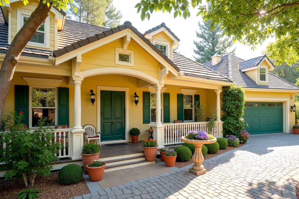 English Cottage With Butter Yellow Walls Forest Green Doors and White Trim, Outdoor home painting, exterior house painting, Home exterior painting, Outside house painting, External home painting, House exterior painting, Residential exterior painting, Facade painting, Exterior wall painting, Outdoor color schemes, External house color concepts, Outside painting inspiration, Home exterior color suggestions, Outdoor paint design concepts, External color combinations, House facade color ideas, Residential exterior colors, Street view attractiveness, Home exterior aesthetics, Outside home appearance, External home charm, Property visual appeal, Front-facing attractiveness, Home facade enhancement, First impression enhancement, Home color inspiration, Residential paint concepts, House color motivation, Home exterior design ideas, Painting design stimulus, Residential color concepts, Home exterior vision, Property painting concepts